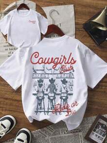 Limited Edition: Women's Casual T-Shirt With Cowgirls Club Print, Short Sleeve, Round Neck, Drop Shoulders, Regular Length, Medium Stretch Knit Fabric, Lightweight Cotton - 白色的 - 查看 3