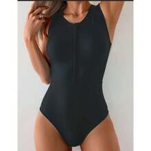 New Women's Black One Piece Swimsuit, Sexy Front Zipper, Conservative, Slimming, Figure Enhancing, Vacation Swimsuit. - 黑色 - 查看 5