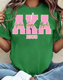 Women's & Men's Fashion 2026: New Summer Collection, Women's T-Shirt With Alpha Alpha AKA 1908 Sorority Print, Crew Neck, Short Sleeve, Casual Style, Gift For College Students. New Loose And Versatile T-Shirt. - 綠色 - 查看 5