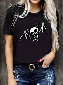 Camiseta Casual de Talla Grande para Mujer con Estampado de Esqueleto de Murciélago - Negra, Manga Corta, Cuello Redondo, Tela Ligeramente Elástica, Cómoda y Versátil para Todas las Temporadas - Negro - Ver 1