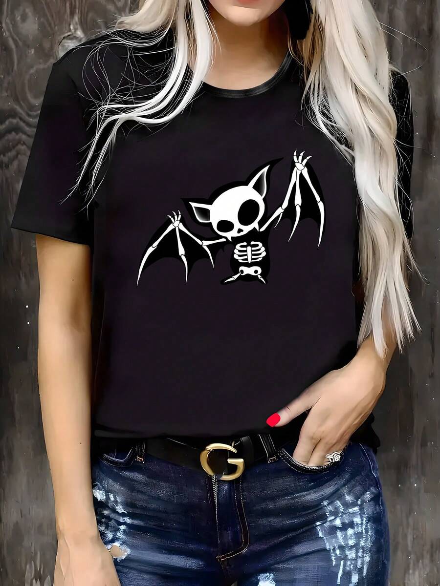 Camiseta Casual de Talla Grande para Mujer con Estampado de Esqueleto de Murciélago - Negra, Manga Corta, Cuello Redondo, Tela Ligeramente Elástica, Cómoda y Versátil para Todas las Temporadas - Negro - Ver 1