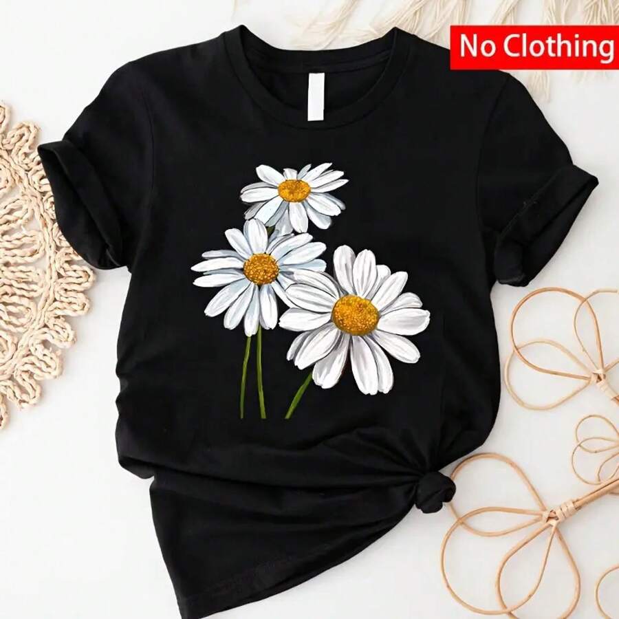 Camiseta de algodón de manga corta para mujer con estampado de flores de margarita, estilo casual de verano, suave y ligera, con cuello redondo, ideal para uso diario, vacaciones, fines de semana y como regalo. - Negro - Ver 1