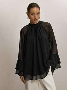 Blusa suelta de moda con mangas acampanadas y cuello raglan de unicolor para mujer - Albaricoque - Ver 9