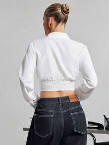 Blusa de manga larga elegante de oficina con cordones de unicolor para mujer - Blanco - Ver 3