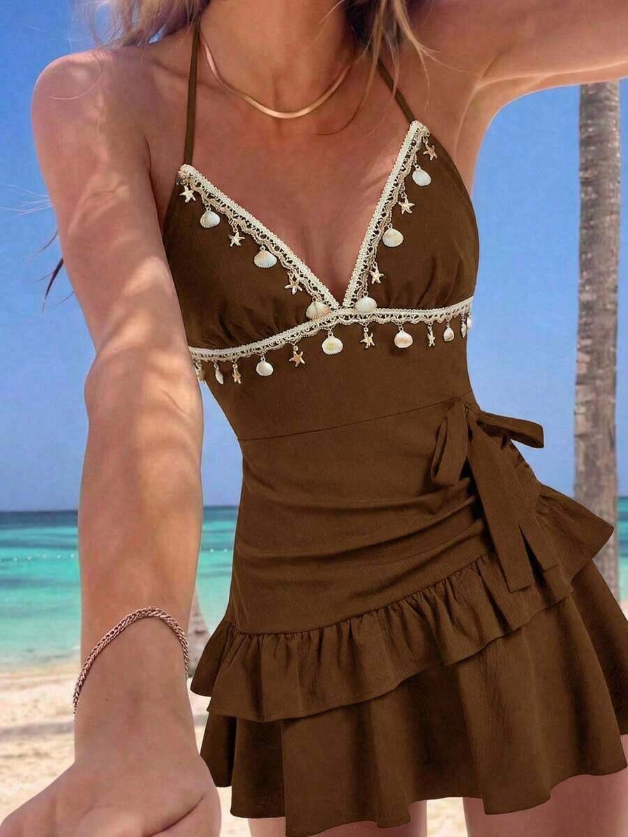 MOD Shell Pendant Necklace, Casual Mini Dress For Summer - Brown - View 1