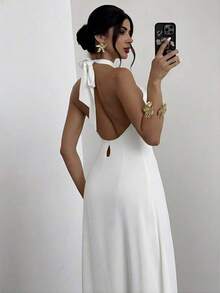 Vestido largo suelto sin mangas y sin espalda, elegante para vacaciones y fiestas, romántico y de moda para el verano, la playa - Blanco - Ver 6