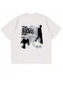 Unisex Y2K 90s Streetwear Style Retro Graphic T-Shirt, Black And White, Dreams And Dream Chasing Print, Casual Round Neck Comfortable All Year Round, Summer Collection - White - View 6