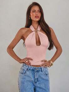 Camiseta sin espalda con cuello halter y decoración de hebilla de metal hueca sexy para mujer - Rosa Pálido - Ver 8