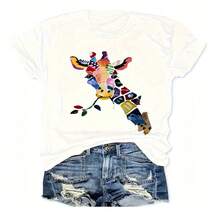 Women's Sexy Casual Elegant Round Neck Short Sleeve Cotton T-shirt with Colorful Giraffe Print, Regular Length Top for Summer - Blanco - Ver 1