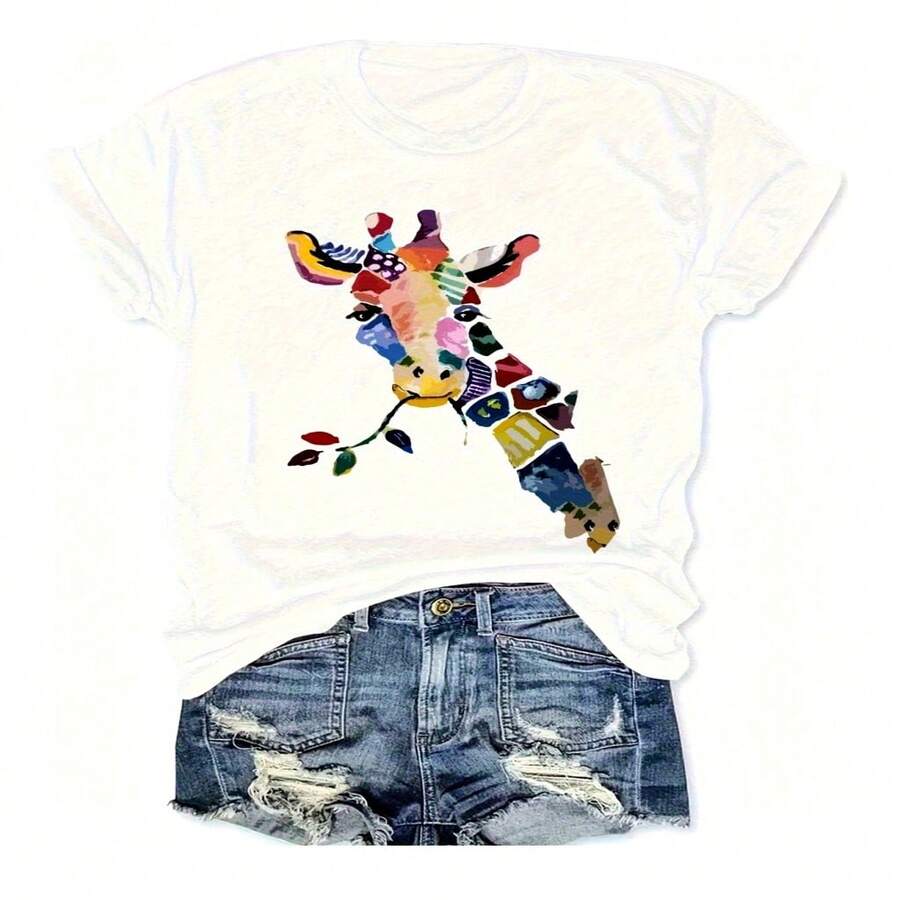 Women's Sexy Casual Elegant Round Neck Short Sleeve Cotton T-shirt with Colorful Giraffe Print, Regular Length Top for Summer - Blanco - Ver 1