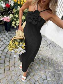 YHHSylviya Vestido maxi con abertura y estampado floral 3D en escote halter, vestido de verano de color amarillo mantequilla para mujer, atuendos de verano, atuendos de vacaciones, atuendos de playa, vestidos de graduación, ropa de verano, vestidos de vacaciones, vestidos de playa, ropa de vacaciones, estilo bohemio, atuendos para salir, vacacionesYHH - Negro - Ver 3