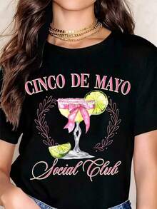 Women's Vintage Cinco De Mayo Cocktail T-Shirt With Lime And Bow, Casual, Crew Neck, Short Sleeve, Perfect As A Birthday Gift, Suitable For All Seasons, Graphic T-Shirt For Everyday Outdoor Wear - 黑色 - 查看 6