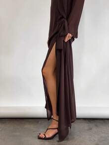 Vestido Largo Sensual para Mujer, Transparente de Tul con Cuello Redondo y Abertura Lateral, Color Marrón, Vestido de Playa y Verano - Marrón - Ver 5
