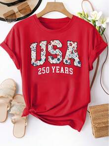 Plus Size Women's Casual Short Sleeve Crew Neck T-Shirt - Designed For American Floral's 250th Anniversary, Stretchy And Breathable Fabric Suitable For Spring And Summer, Women's Top, Comfortable Fit, Commemorative T-Shirt For American Floral's 250th Anniversary. - 紅色 - 查看 6