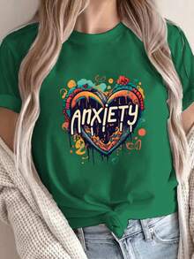 Camiseta Casual de Cuello Redondo para Mujer con Estampado de Corazón Realista - Poliéster Suave, Manga Corta, Perfecta para Primavera y Verano - Verde - Ver 6