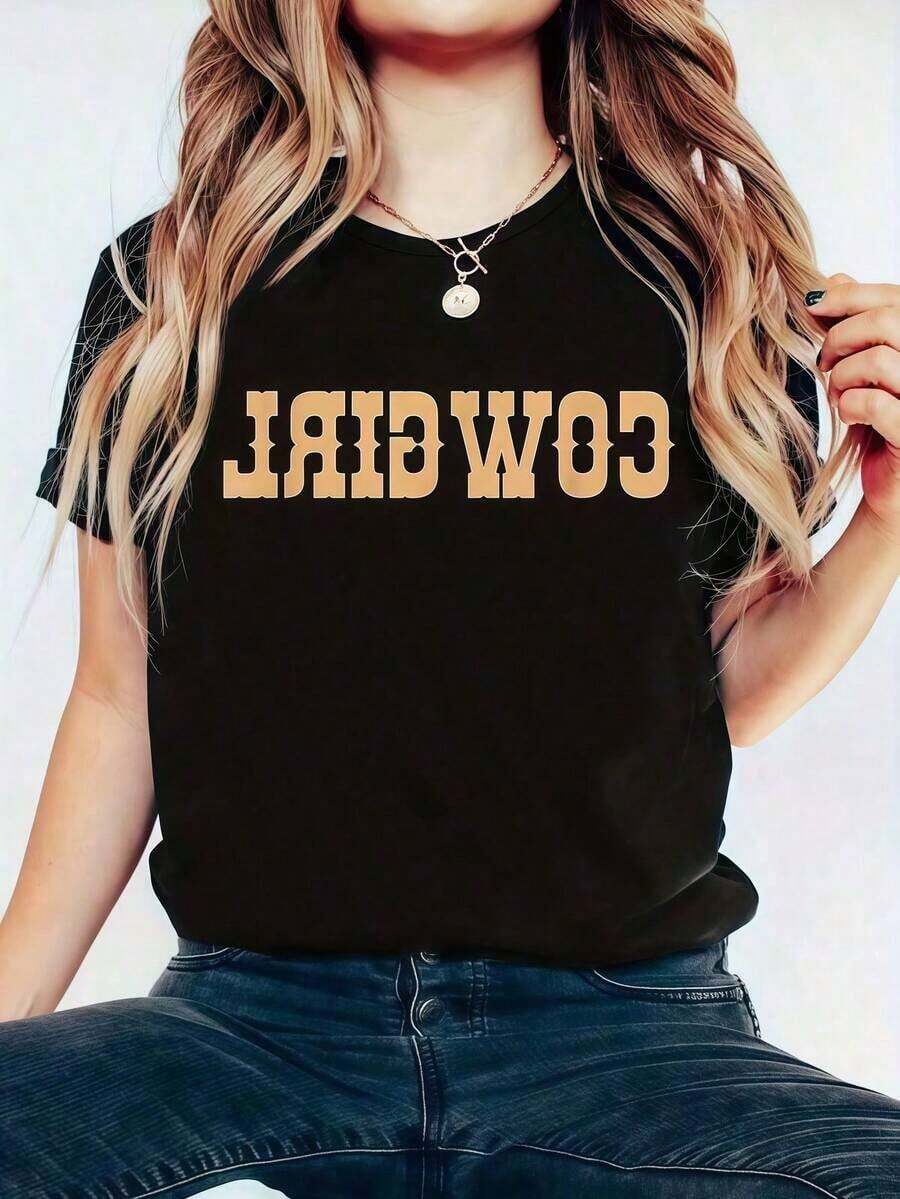 Camiseta Divertida De Vaquera De Campo - Camiseta Gráfica 100% Algodón Para Mujer, Blusa De Mujer Para Verano - Camiseta Holgada Casual De Manga Corta Y Cuello Redondo, Tela Sue Y Transpirable Round Neck Printed Short Sleeve Casual Everyday T-Shirt, They Are Excellent Gifts For Friends And Family,100% Cotton T-Shirts Feature, A Youthful And Fashionable Design Blusas Para Mujer Camisa - Negro - Ver 1