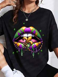 Camiseta con Diseño Gráfico de Labios y Cuentas de Flor de Lis para Mardi Gras, una Camiseta Perfecta para Regalar a Amigos y Familiares en Cualquier Día Festivo o Ocasión Especial, -Camiseta Unisex de Estilo Urbano Vintage, de Algodón, Manga Corta y Cuello Redondo - Negro - Ver 2