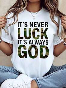 Camisetas Casuales para Mujer, Camiseta con Estampado de Camuflaje "Nunca es Suerte, Siempre es Dios", Top con Declaración de Fe Cristiana para Mujer, Ropa Casual, Camiseta para Mujer, Estilo Y2K, Camisetas de Moda de Verano, Conjuntos y Tops Casuales de Streetwear - Blanco - Ver 1