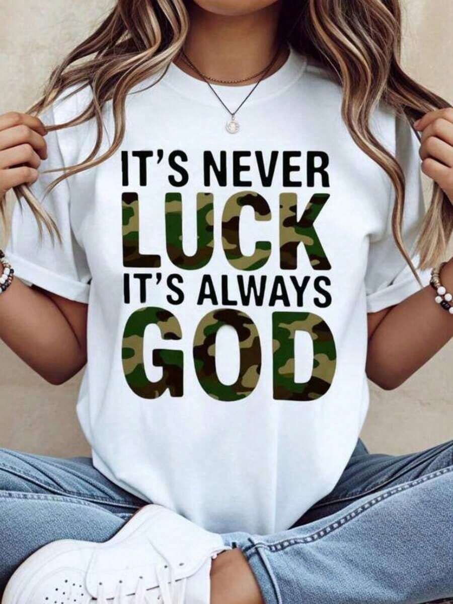 Camisetas Casuales para Mujer, Camiseta con Estampado de Camuflaje "Nunca es Suerte, Siempre es Dios", Top con Declaración de Fe Cristiana para Mujer, Ropa Casual, Camiseta para Mujer, Estilo Y2K, Camisetas de Moda de Verano, Conjuntos y Tops Casuales de Streetwear - Blanco - Ver 1