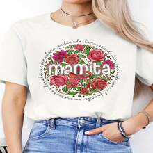 1 pieza clásica y versátil, camiseta de manga corta de algodón puro con estampado de flores y mamita para mujeres, estilo moderno - Blanco - Ver 2