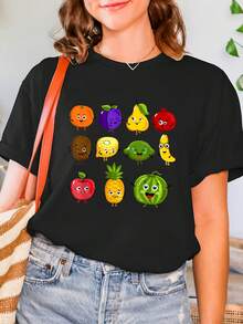 Camiseta estampada con frutas divertidas, manga corta, cuello redondo, casual para verano y primavera, ropa de mujer. - Negro - Ver 7