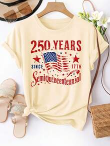 Women's Short-Sleeved T-Shirt With Round Neck, Featuring A Print Commemorating The 250th Anniversary Of 1776, Machine Washable, Spring/Summer T-Shirt, Fun Design, Comfortable Fit, Commemorative T-Shirt For The 250th Anniversary Of The United States. - 杏色 - 查看 6