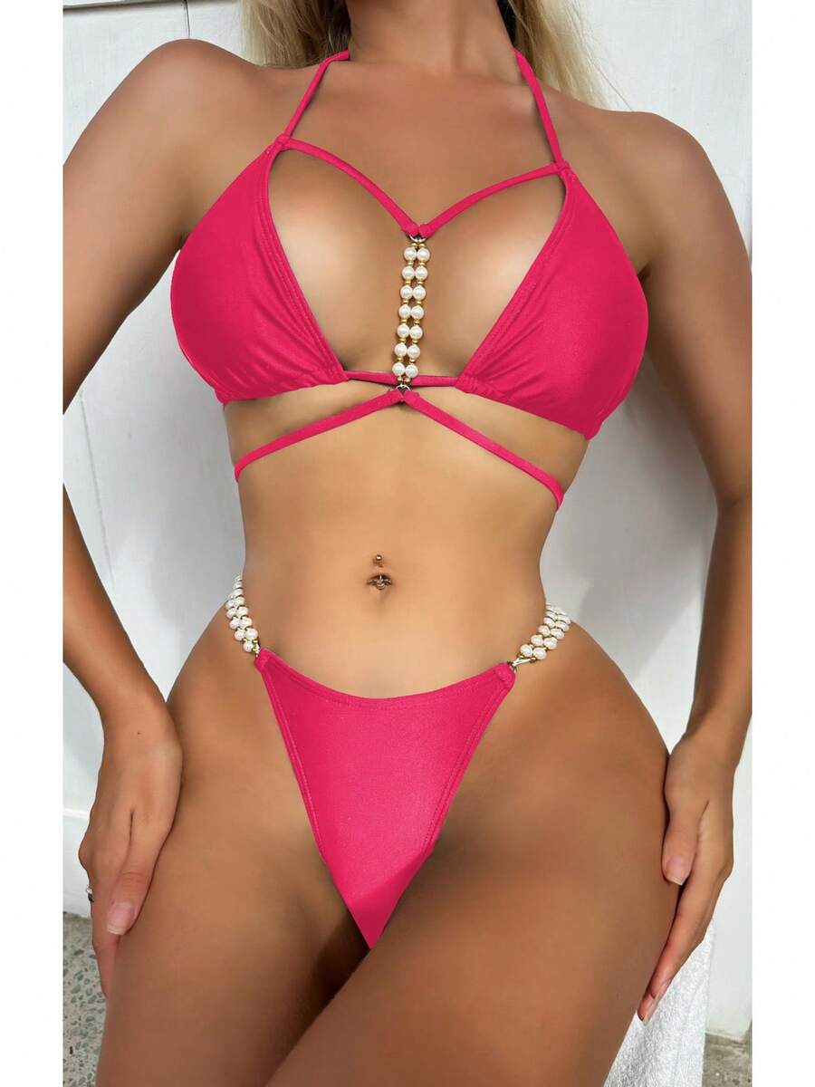 Nuevo y sexy bikini de tanga con tiras de color sólido. - escarlata - Ver 1