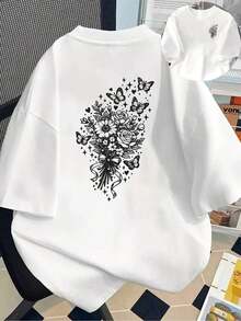 Camiseta de manga corta estampada con diseños florales y de mariposas - Camiseta estampada de primavera/verano para mujer, ¡tu mejor elección! Transpirable y cómoda. - Blanco - Ver 11