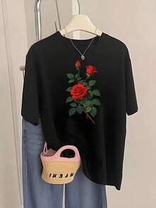 Camisetas de manga corta de talla grande para mujer, ideales para el verano y el uso diario, nuevas camisetas básicas con estampado de rosas, camisetas casuales de manga larga con cuello redondo y suaves para mujer, camisa moderna y versátil, estilo casual adecuado para el verano y para regalar. Transpirable y cómoda. - Negro - Ver 11
