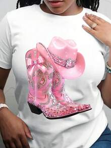 Camiseta Estampada para Mujer - Camiseta Casual de Manga Corta y Cuello Redondo con Gráfico de Bota Vaquera Rosa de Strass, Corte Relajado para Todas las Estaciones, Perfecta para Uso Diario y Vacaciones (Lavable aáquina). - Blanco - Ver 7