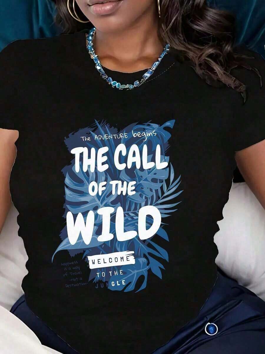 Camiseta Holgada Sencilla Mujer Estilo Moderno Camiseta de Mujer con Estampado de Hojas de la Selva Salvaje, Temática de Aventura y Viajes, Camiseta Gráfica Casual para Uso al Aire Libre, ropa mujer Camiseta Mujer Estampado Gráfico Verano 2026 - Negro - Ver 1
