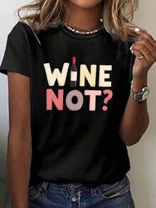 Camiseta Holgada Sencilla Mujer Estilo Moderno Camiseta casual de manga corta con cuello redondo y estampado de botella de vino, perfecta para primavera y verano, diseñada para mujer.Camiseta Mujer Estampado Gráfico  Verano 2026 - Negro - Ver 7