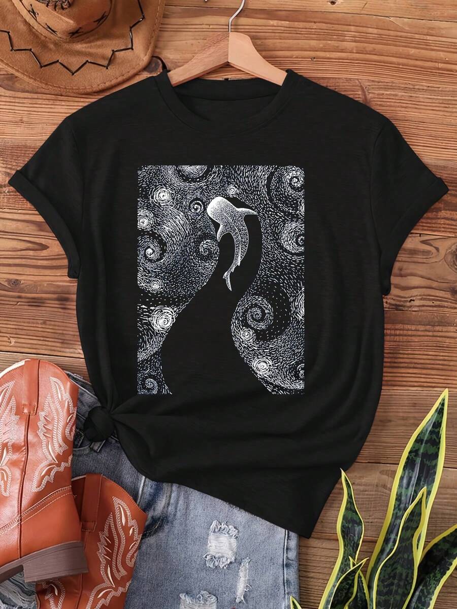 Vanstar Hollow Shark T-Shirt, Diving With Whale Sharks, Casual Round Neck Short Sleeve T-Shirt For Summer And Spring, Women's Clothing - 黑色 - 查看 1