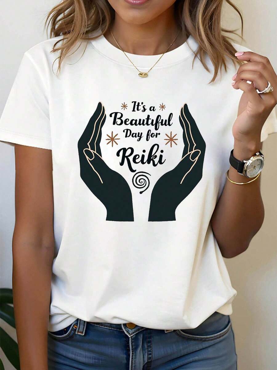 Talla grande, camiseta de mujer de talla grande con estampado gráfico "Es un hermoso día para Reiki", manga corta, cuello redondo, top casual para verano y primavera, ropa de mujer - Negro - Ver 1