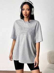 Camiseta gráfica de manga caída con estampado en relieve de letras negras de verano - Gris - Ver 6