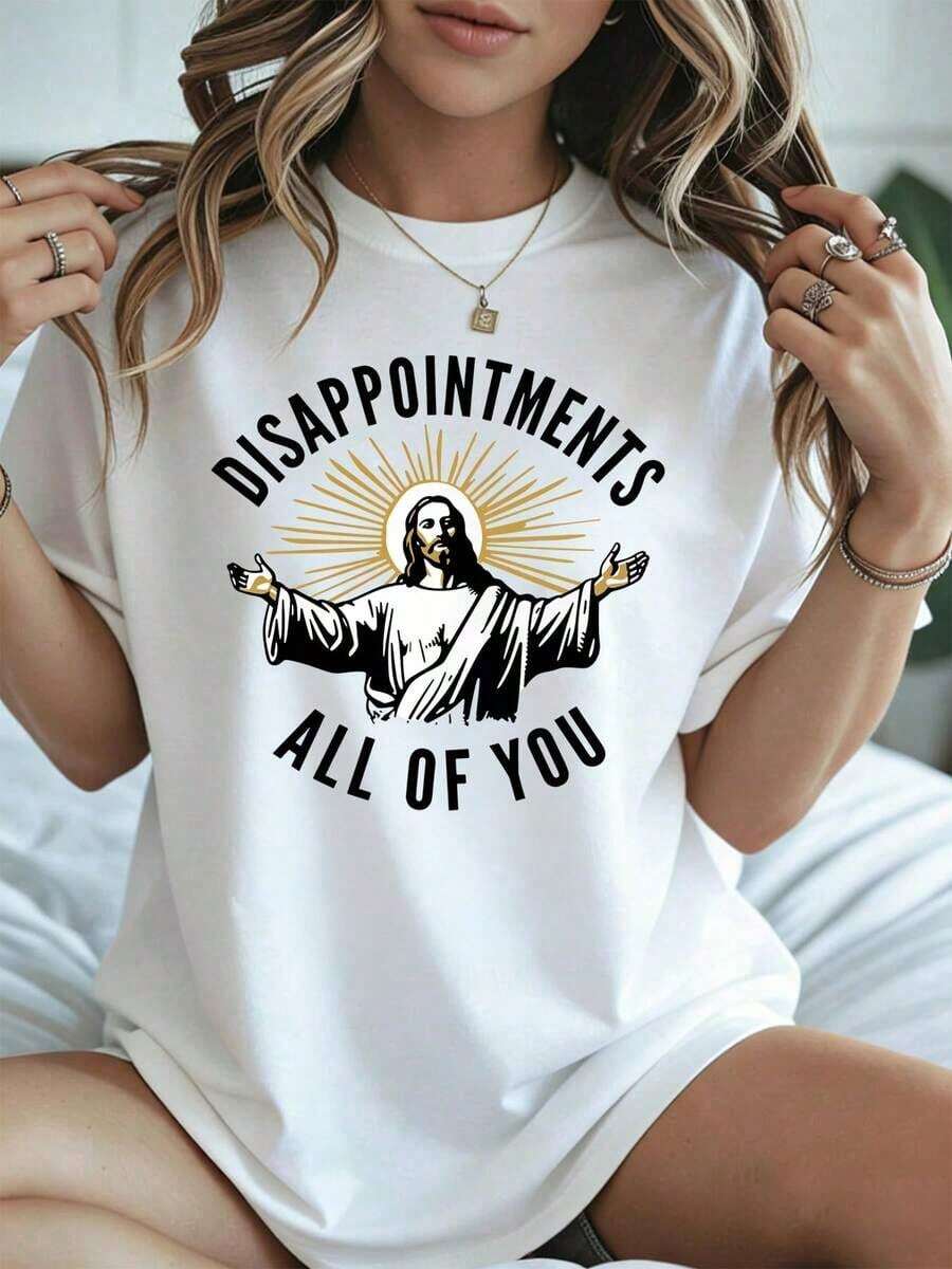 Elegante y casual para mujer, manga corta, camiseta de corte relajado con estampado de Jesús de Pascua y la frase "All Of You With Disappointments", ropa casual blanca para primavera y verano. - Blanco - Ver 1