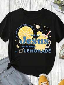 Elegant And Casual Women's Short-Sleeved T-Shirt With Graphic Print Of The Christian Faith, Jesus And The Phrase "Lemonade", White, Casual, For Everyday Wear And Religious Events. - 黑色 - 查看 3