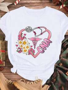 Elegante y casual para mujer, manga corta, camiseta Cma, diseño de estetoscopio, ceduco, flor y corazón para el Día de San Valentín, ropa casual blanca para primavera y verano. - Blanco - Ver 3