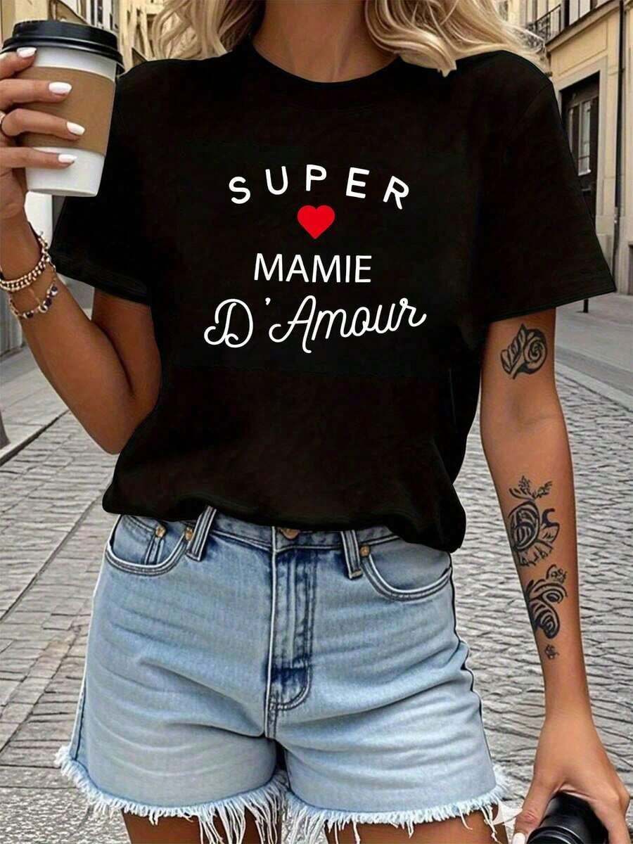 Camiseta de Mujer SUPER MAMIE D'Amour "Love Heart Grandma" con Estampado de Letras Románticas, Cuello Redondo, Primavera Verano - Negro - Ver 1