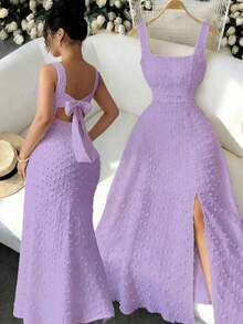 de punto texturizado sin mangas con cuello cuadrado, diseño de lazo en la espalda abierta, elegante vestido ajustado para fiesta - Púrpura malva - Ver 1