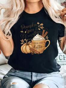 Camiseta Gráfica para Mujer con Diseño de Pumpkin Spice & Everything Nice - Camiseta de Otoño con Taza de Café y Diseño de Calabaza, Tela Suave y Elástica, Cuello Redondo, Estilo Casual para Uso Diario y Camiseta para Mujer - Negro - Ver 7