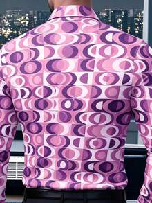Men's 70s Disco Party Long Sleeve Shirt, Vibrant Geometric Circle Digital Print - With Retro Hippie And Bohemian Style Design, Suitable For Casual Gatherings, Halloween, Music Festivals, And Fashionable Occasions - Purple - View 6