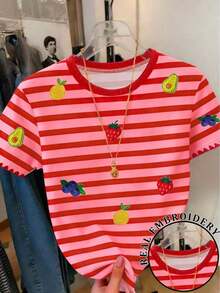 Camiseta de mujer con estampado de rayas y frutas / Casual diario / Verano - Amarillo - Ver 2
