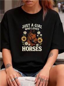 Sólo una chica que ama los caballos, camiseta floral de girasol con caballo, camiseta de ejercicio al aire libre para mujeres, camisetas gráficas, tops cortos, conjuntos, tops, camiseta SSWZblusas para mujer playeras de mujer vestidos casuales para mujer y2k playeras deportivas para mujer verano camisetas ropa de mujer Fashion Perfect For Daily - Negro - Ver 6
