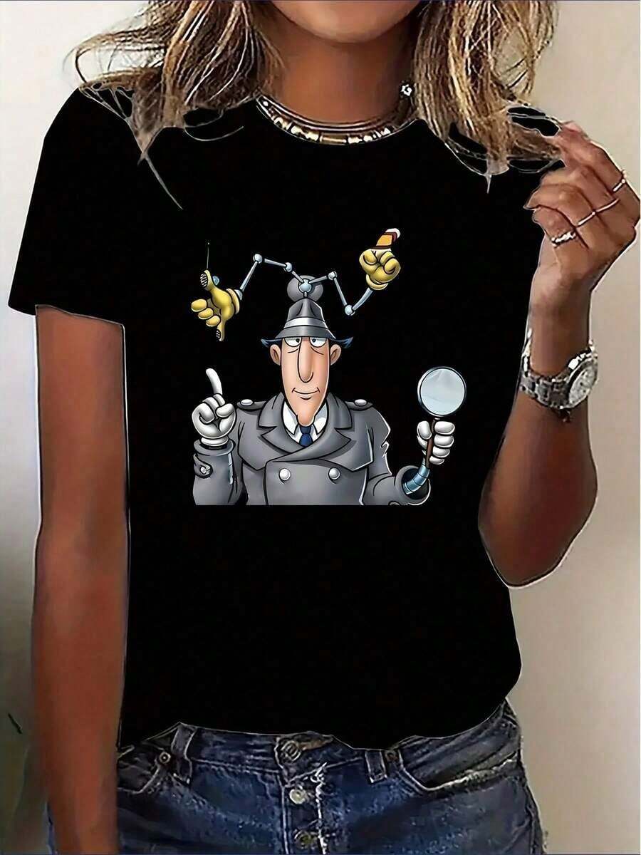 LooseCamiseta Informal De Manga Corta para Mujer con Estampado Gráfico De Detective Humorístico - Tejido Elástico Suave, Cuello Redondo, Lavable A Máquina - Perfecta para Ropa Informal Y Dep - Negro - Ver 1