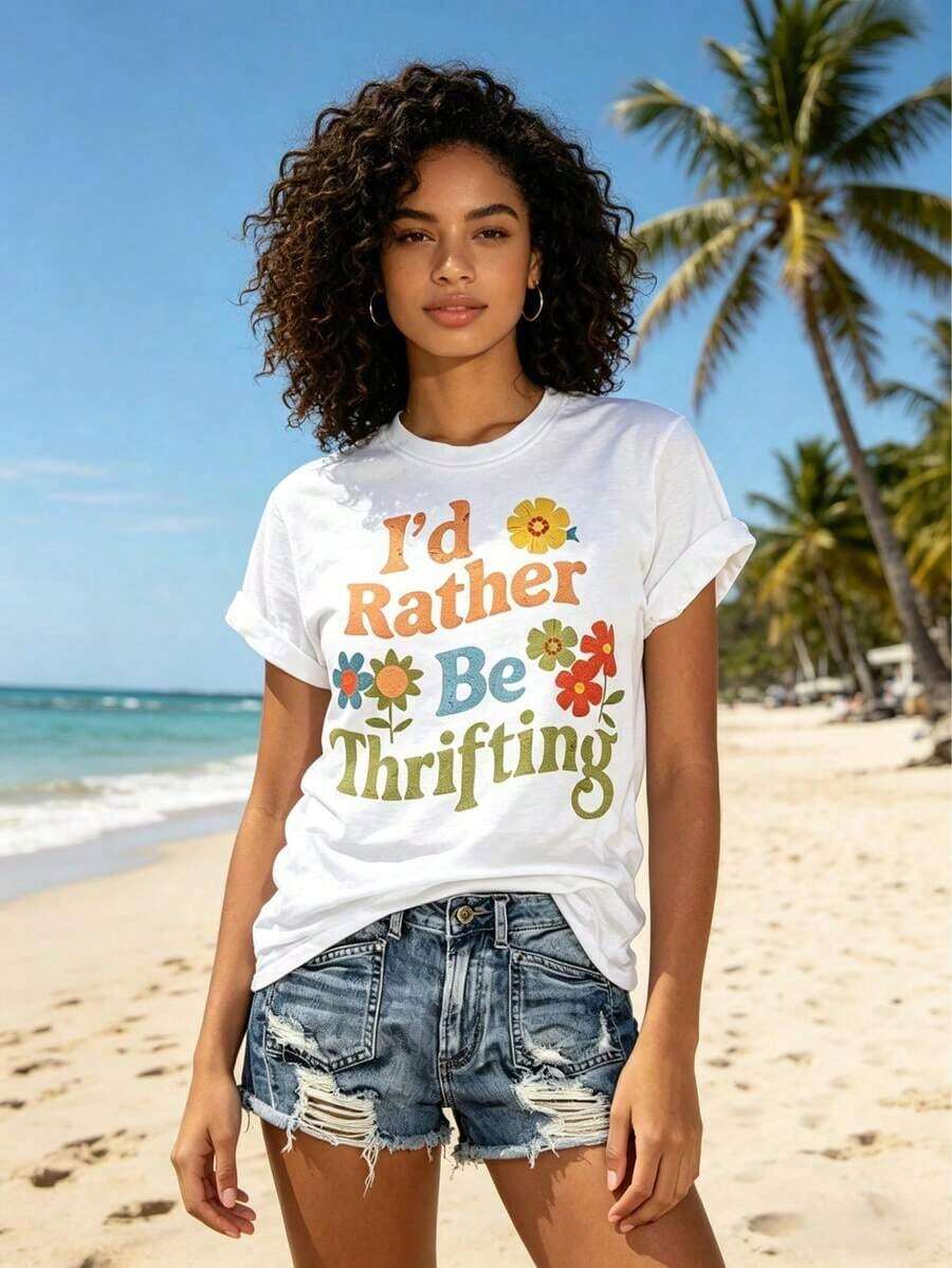 Cómodo Camiseta de primavera con estampado floral "Preferiría ir de compras en la segunda mano" - Estilo vintage, diseño divertido y único, adecuada para entusiastas de las compras, camiseta de mezcla de algodón, holgada y cómoda para el verano, playeras de mujer algodon, blusa casual mujer, mujer - Blanco - Ver 1