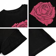Camiseta de Mujer con Estampado de Rosas, Corte Holgado, Manga Corta, Estilo Casual, Cuello Redondo, Estilo Boyfriend - Negro - Ver 3
