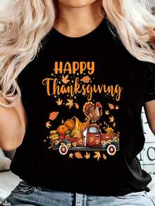 Camiseta de talla grande con estampado de Feliz Día de Acción de Gracias, top corto casual con cuello redondo, ropa de talla grande para mujer - Negro - Ver 1