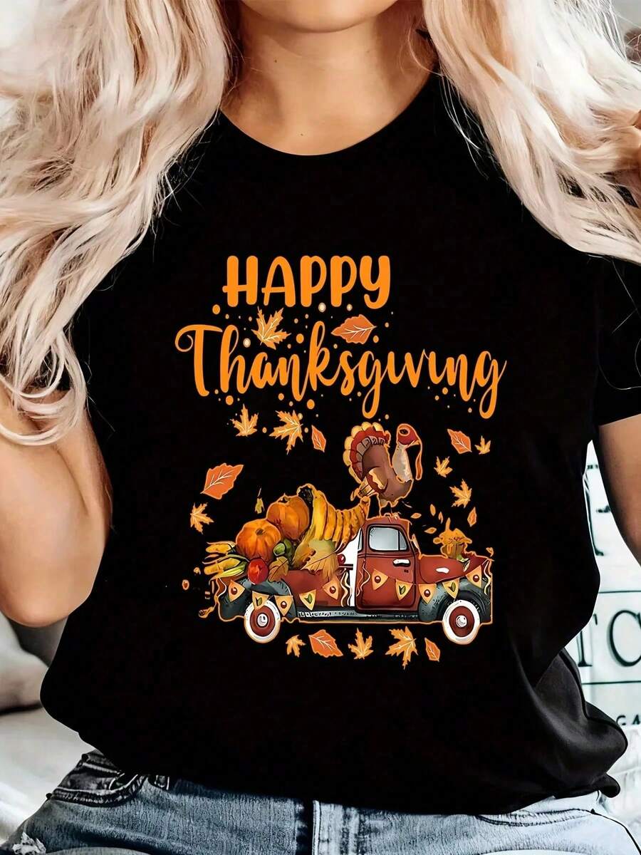 Camiseta de talla grande con estampado de Feliz Día de Acción de Gracias, top corto casual con cuello redondo, ropa de talla grande para mujer - Negro - Ver 1