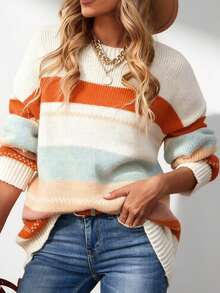 CILKOO Damen Kontrast-Farbige Loose Fit Crew Neck Pullover mit Dropped Shoulder und Langarm - Orange - Übersicht 1